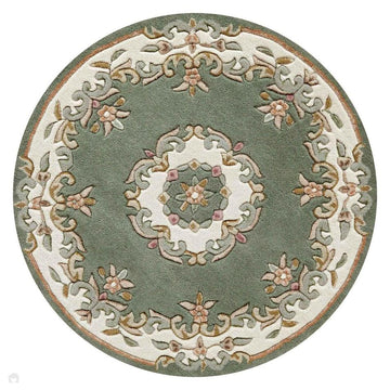 Royal Traditional Floral Aubusson Medallion Border French-Style Hand-Carved Hi-Low Textured Soft Durable Wool Green Round Rug-Melrose-Rug Love - The Most Loved Rug Store